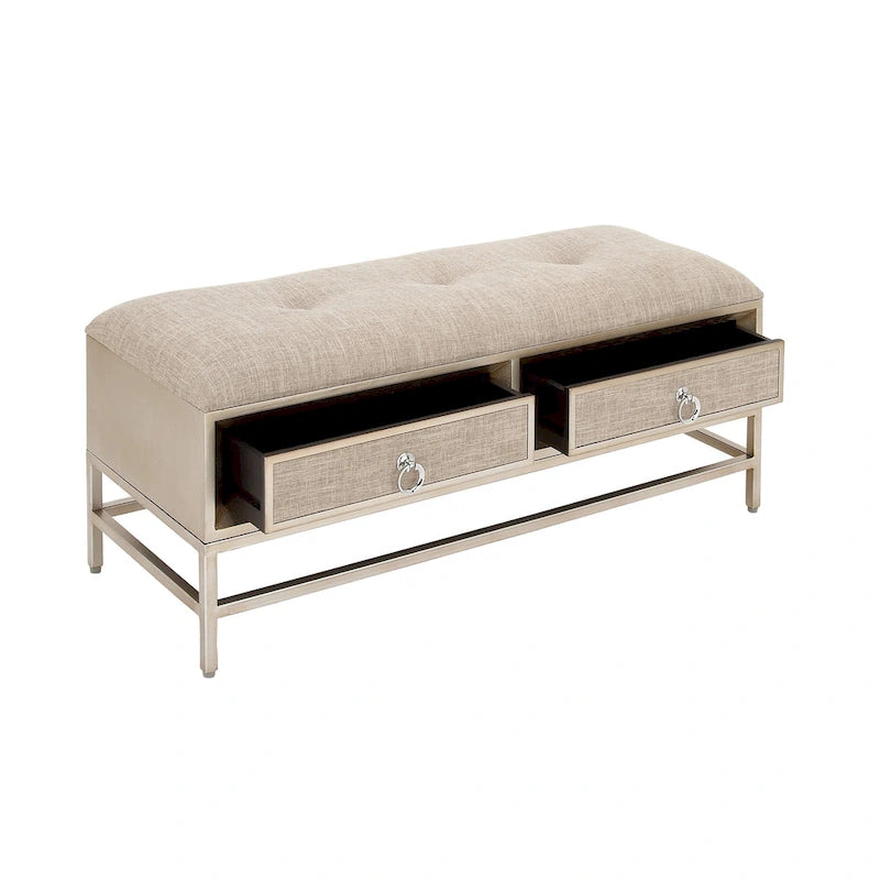Linen Fabric Upholstered Storage Bench with 2 Drawers, Tufted Seat and Ring Handles, Beige