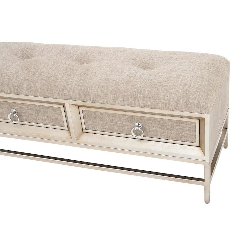 Linen Fabric Upholstered Storage Bench with 2 Drawers, Tufted Seat and Ring Handles, Beige