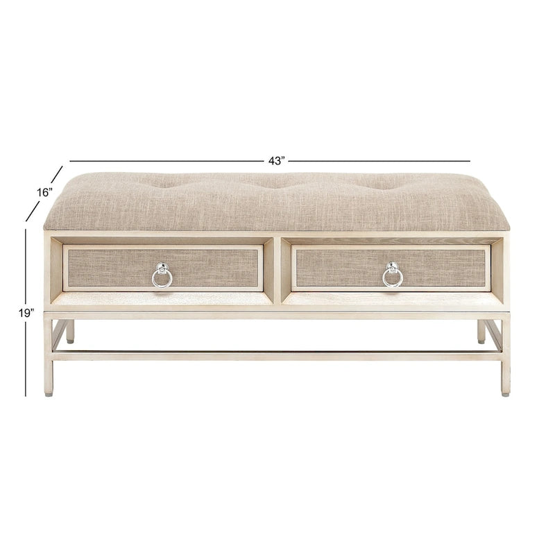 Linen Fabric Upholstered Storage Bench with 2 Drawers, Tufted Seat and Ring Handles, Beige