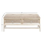 Linen Fabric Upholstered Storage Bench with 2 Drawers, Tufted Seat and Ring Handles, Beige
