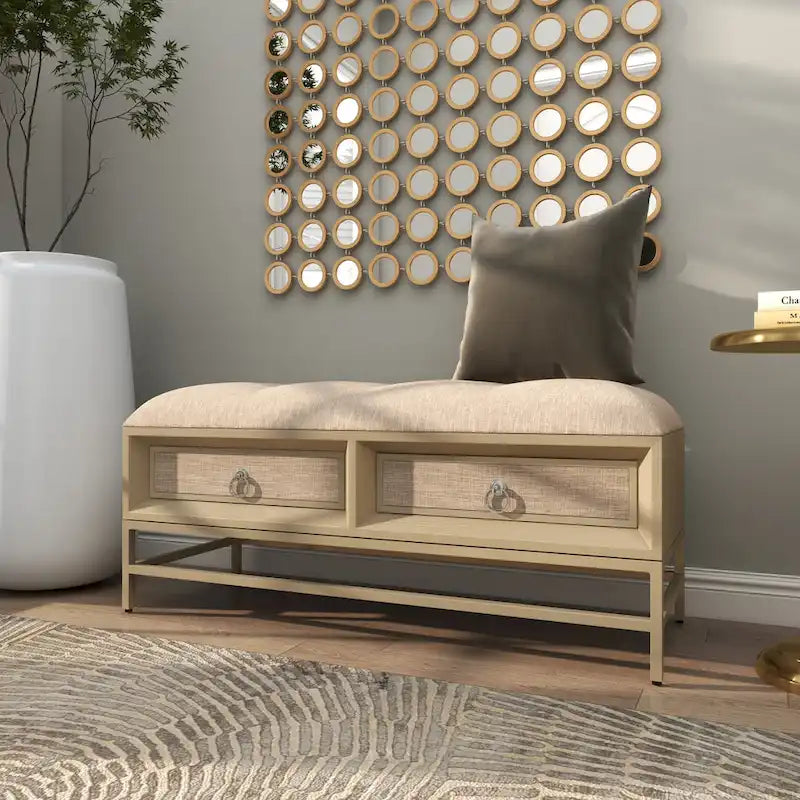 Linen Fabric Upholstered Storage Bench with 2 Drawers, Tufted Seat and Ring Handles, Beige