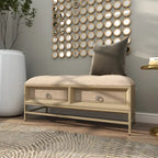 Linen Fabric Upholstered Storage Bench with 2 Drawers, Tufted Seat and Ring Handles, Beige