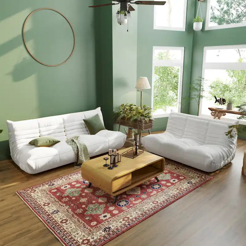 Upholstered Sofa Set with Ottoman, Beige Fabric – Single Sofa / Loveseat / Couch / Ottoman