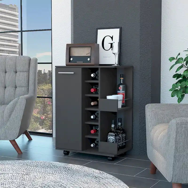  Tennessee Bar Cart, One Cabinet With Division,Black - N/A