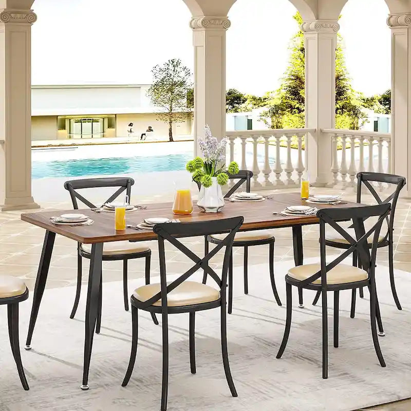 Rectangular Dining Table for 6 to 8, MDF Top with Metal Legs, Brown or Faux Marble