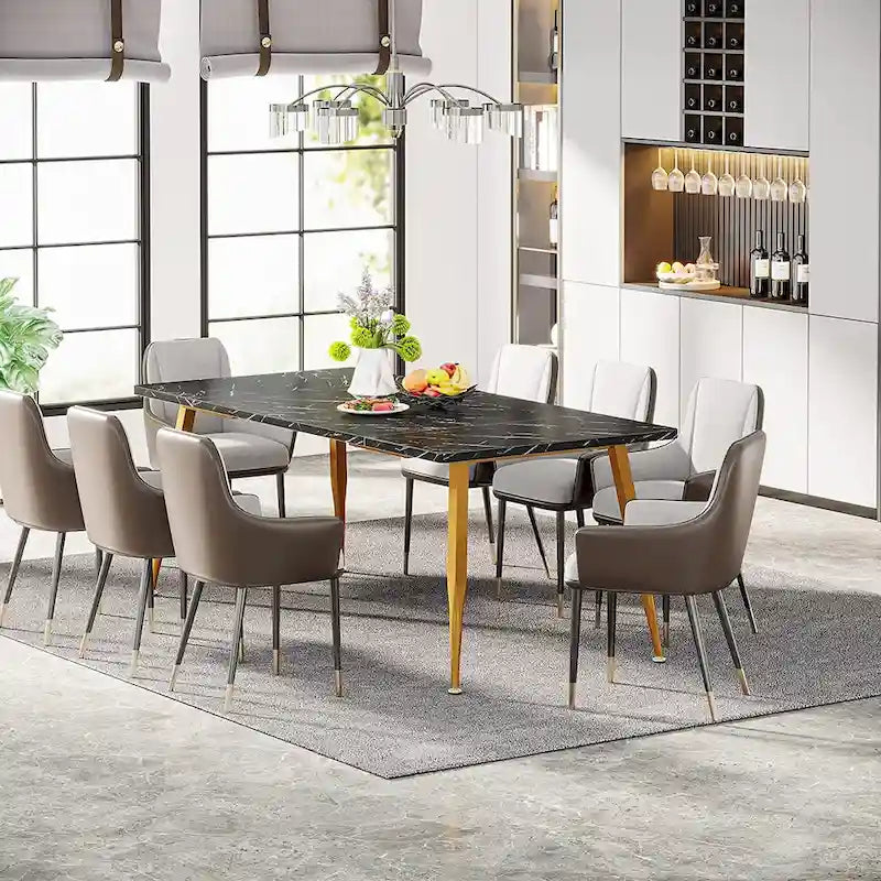Rectangular Dining Table for 6 to 8, MDF Top with Metal Legs, Brown or Faux Marble