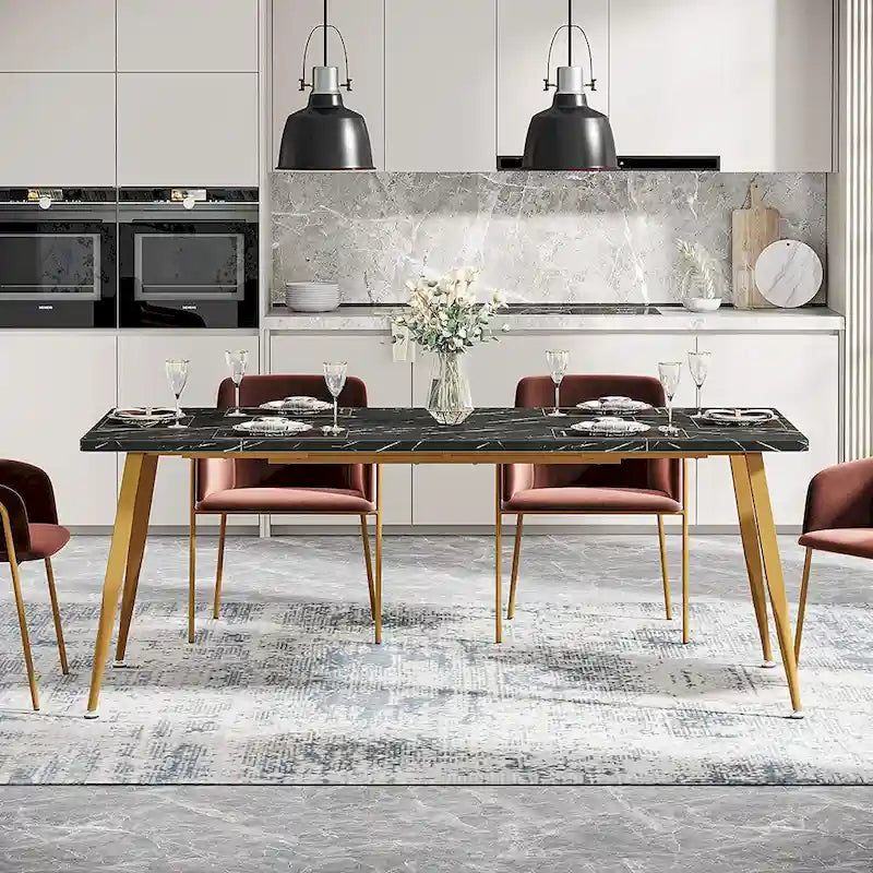 Rectangular Dining Table for 6 to 8, MDF Top with Metal Legs, Brown or Faux Marble