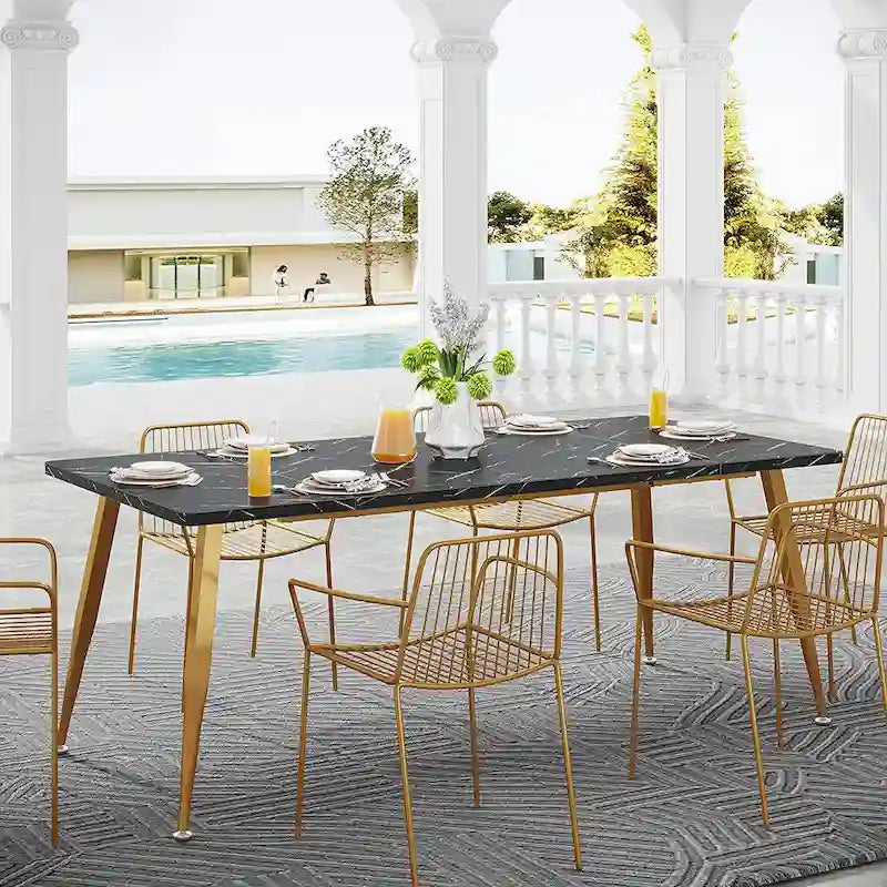 Rectangular Dining Table for 6 to 8, MDF Top with Metal Legs, Brown or Faux Marble