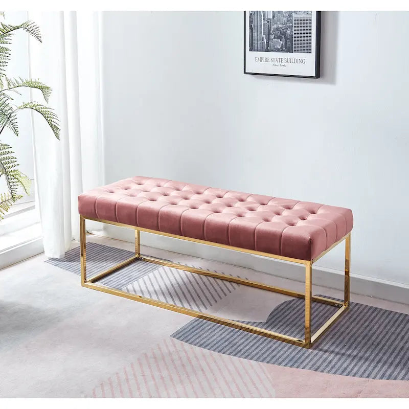 Tufted Velvet Accent Bench with Gold Chrome Legs, 48"L x 18"W x 18.31"H