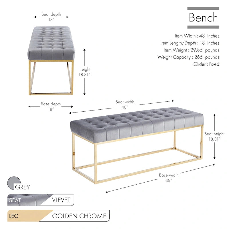 Tufted Velvet Accent Bench with Gold Chrome Legs, 48"L x 18"W x 18.31"H
