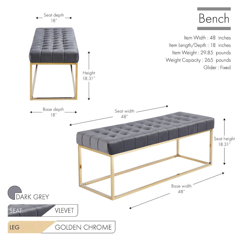 Tufted Velvet Accent Bench with Gold Chrome Legs, 48"L x 18"W x 18.31"H