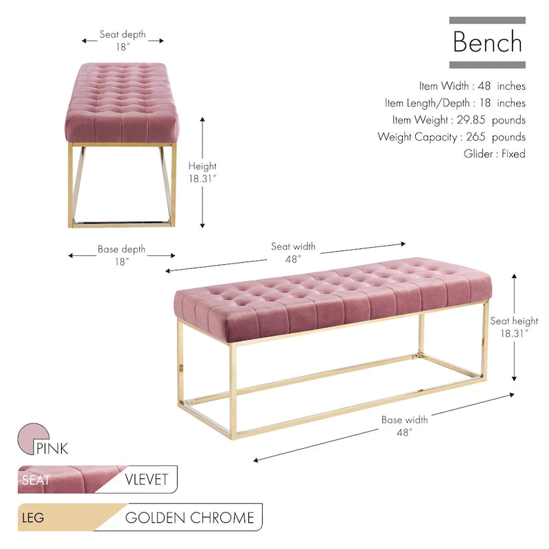 Tufted Velvet Accent Bench with Gold Chrome Legs, 48"L x 18"W x 18.31"H