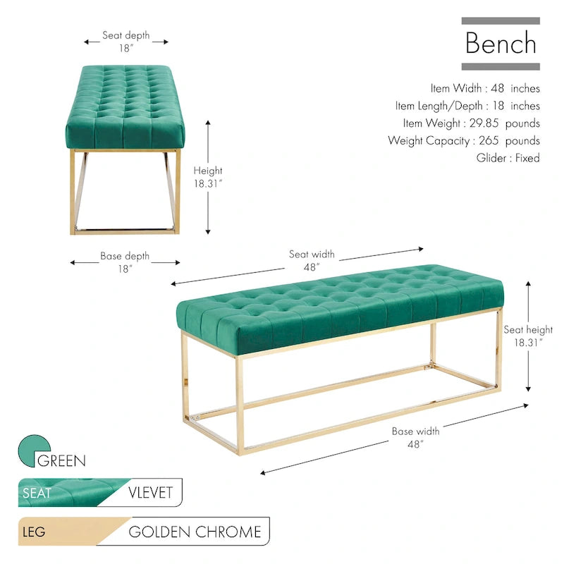 Tufted Velvet Accent Bench with Gold Chrome Legs, 48"L x 18"W x 18.31"H