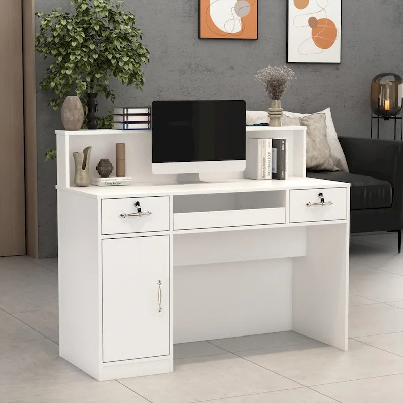 Modern Reception Desk with Decorative Light, Lockable Drawers and Storage