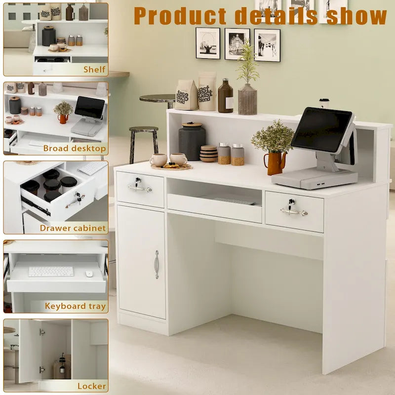 Modern Reception Desk with Decorative Light, Lockable Drawers and Storage