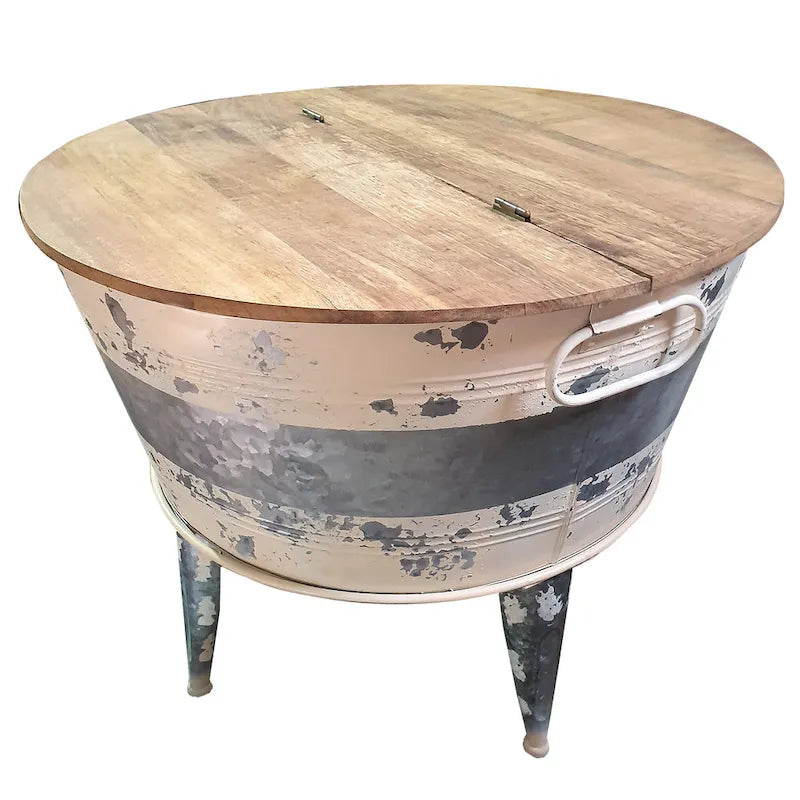 26" Round Cocktail Table with Lift-Top Storage, Tub-Style Iron Base – Brown / Gray / Washed White