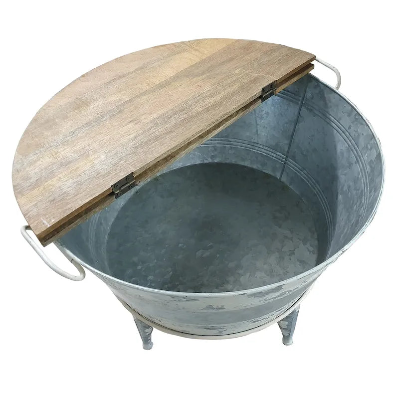 26" Round Cocktail Table with Lift-Top Storage, Tub-Style Iron Base – Brown / Gray / Washed White