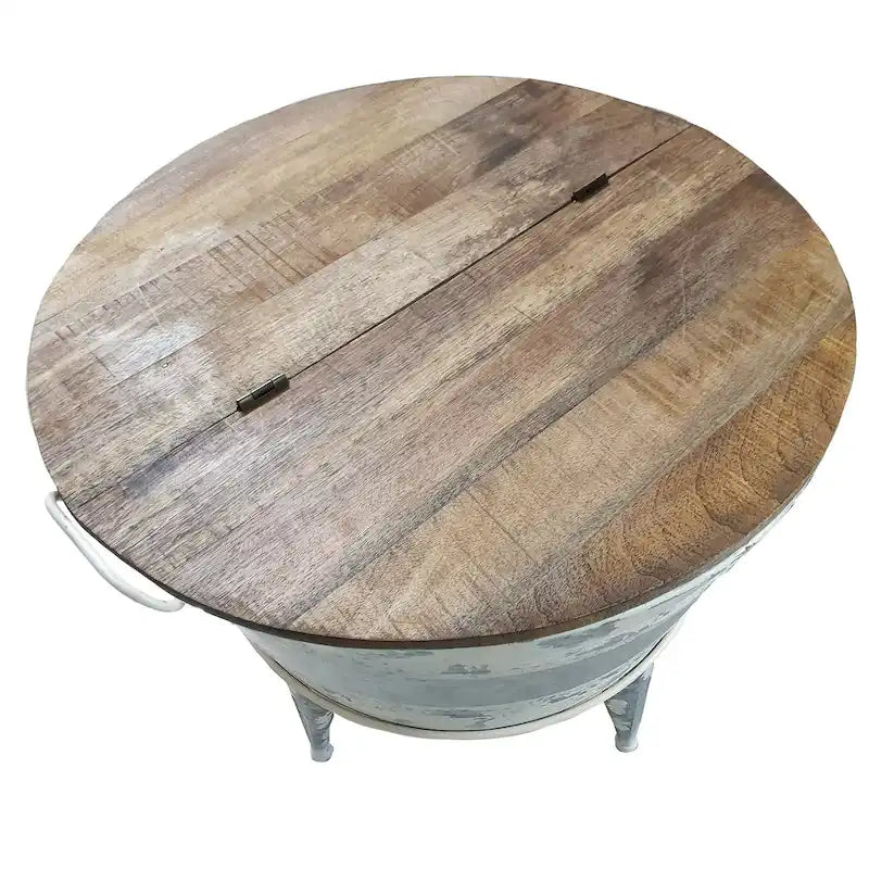 26" Round Cocktail Table with Lift-Top Storage, Tub-Style Iron Base – Brown / Gray / Washed White