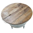 26" Round Cocktail Table with Lift-Top Storage, Tub-Style Iron Base – Brown / Gray / Washed White