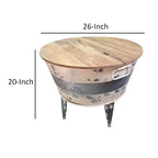 26" Round Cocktail Table with Lift-Top Storage, Tub-Style Iron Base – Brown / Gray / Washed White
