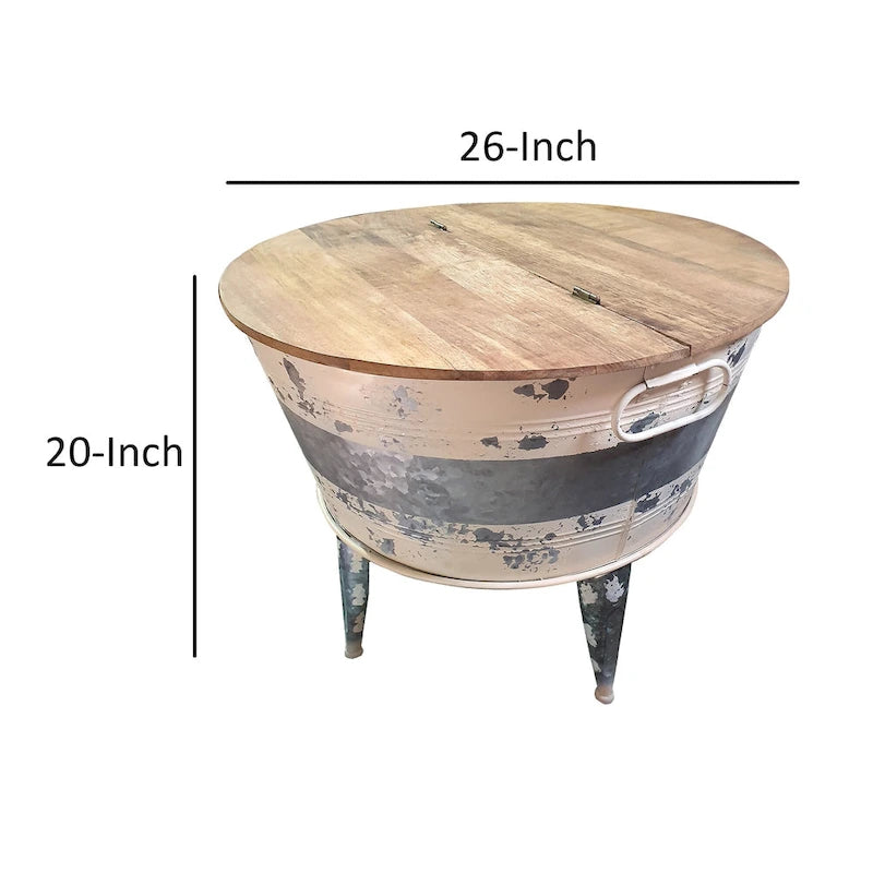 26" Round Cocktail Table with Lift-Top Storage, Tub-Style Iron Base – Brown / Gray / Washed White