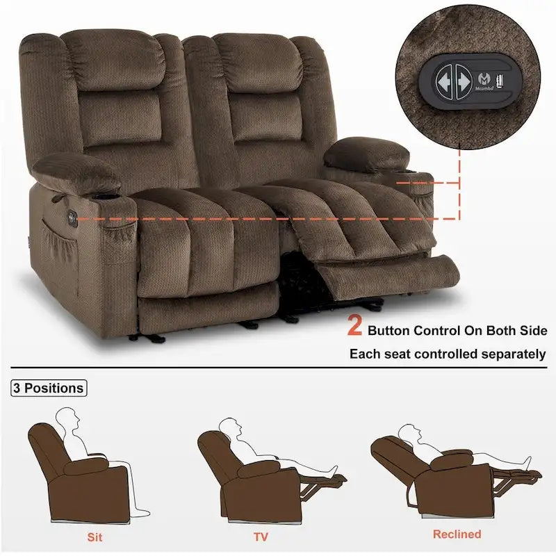 Power Reclining Loveseat Sofa with Heat and Massage, Fabric