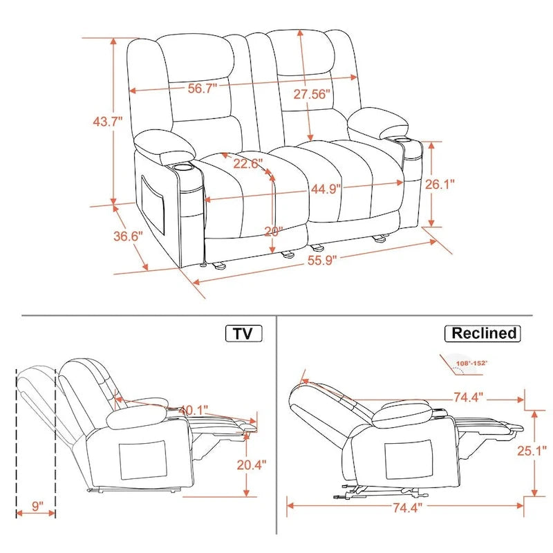 Power Reclining Loveseat Sofa with Heat and Massage, Fabric