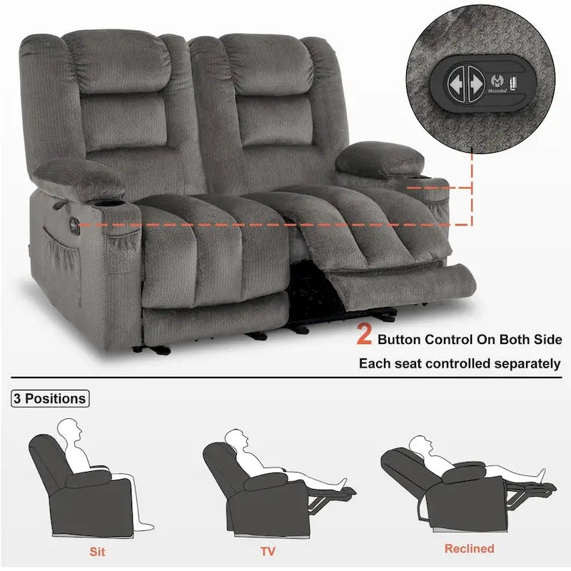 Power Reclining Loveseat Sofa with Heat and Massage, Fabric