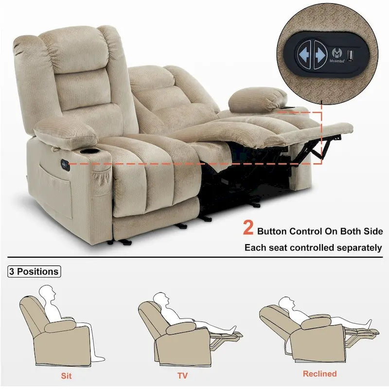 Power Reclining Loveseat Sofa with Heat and Massage, Fabric