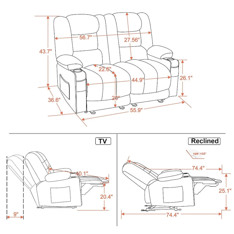 Power Reclining Loveseat Sofa with Heat and Massage, Fabric