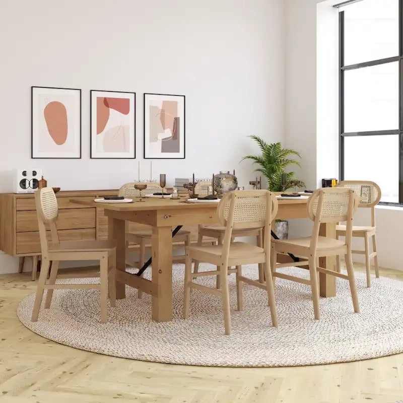 Woven Back Wood Framed Cane Rattan Chairs with Wood Seats - 2 Pack