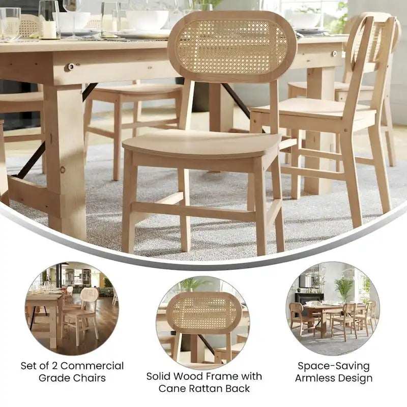 Rattan Back Dining Chair, Solid Wood Frame, Multiple Colors