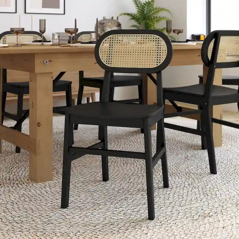 Rattan Back Dining Chair, Solid Wood Frame, Multiple Colors