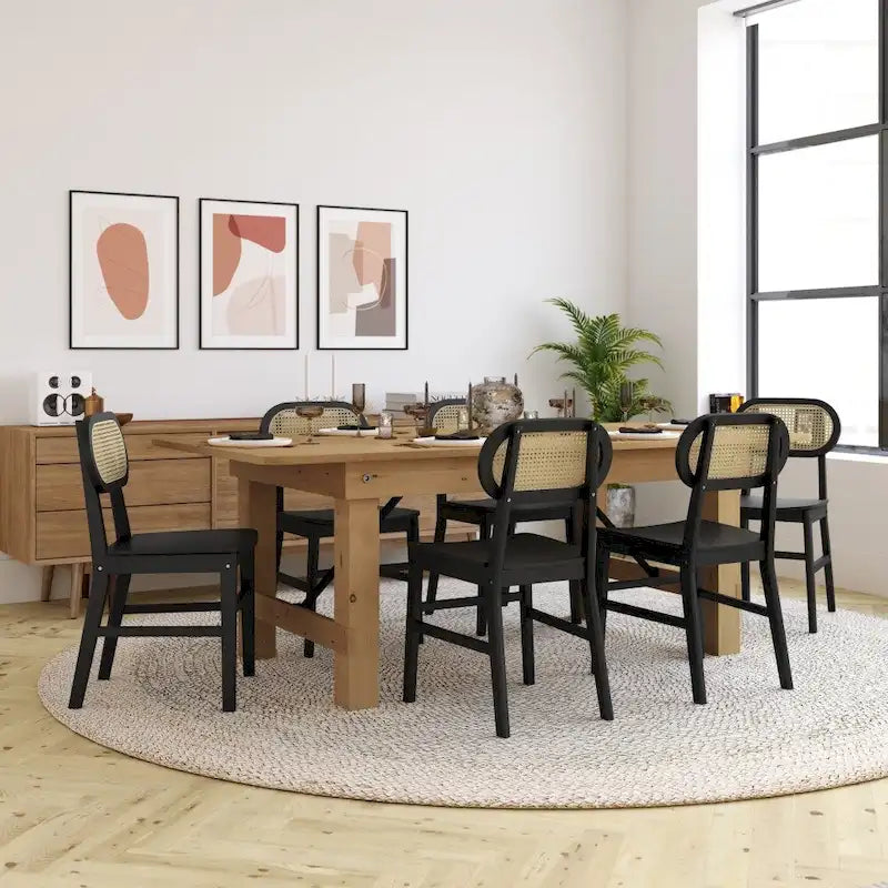 Rattan Back Dining Chair, Solid Wood Frame, Multiple Colors