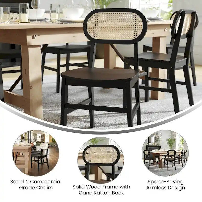 Rattan Back Dining Chair, Solid Wood Frame, Multiple Colors