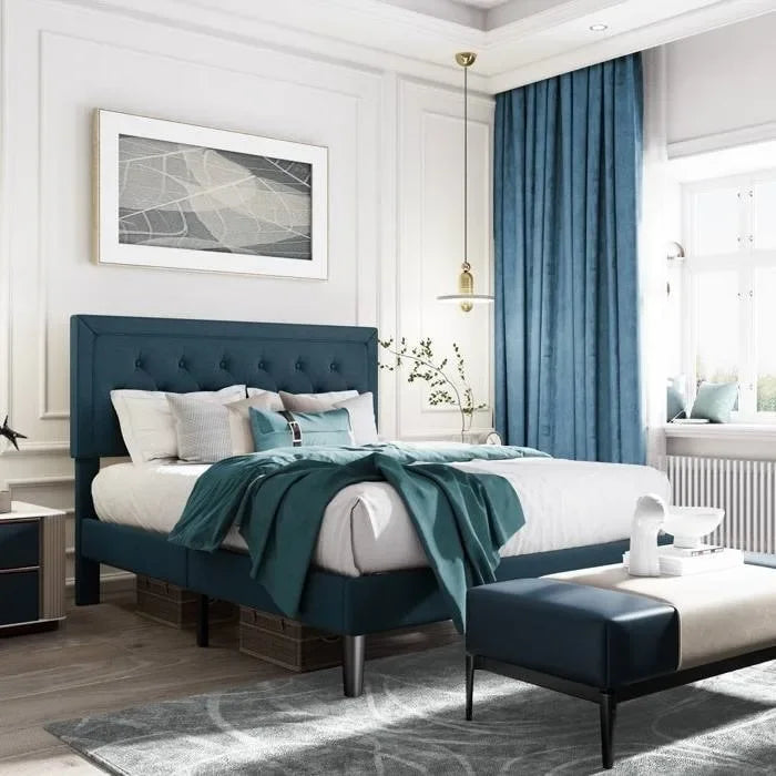 Linen Upholstered Adjustable Height Platform Bed with Button-Tufted Headboard