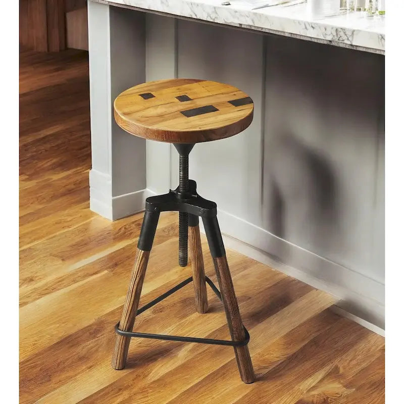 Revolving Bar Stool with Reclaimed Wood Seat and Iron Legs