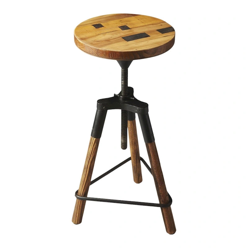 Revolving Bar Stool with Reclaimed Wood Seat and Iron Legs