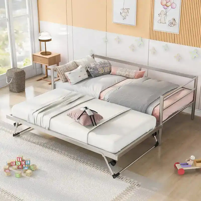 Metal Daybed with Adjustable Trundle, Pop Up Trundle