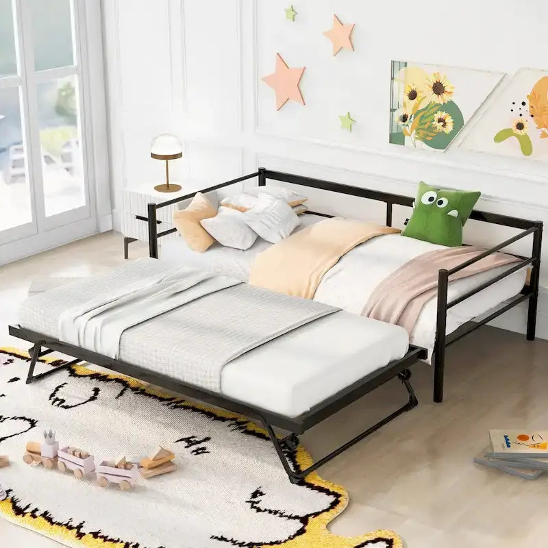 Metal Daybed with Adjustable Trundle, Pop Up Trundle