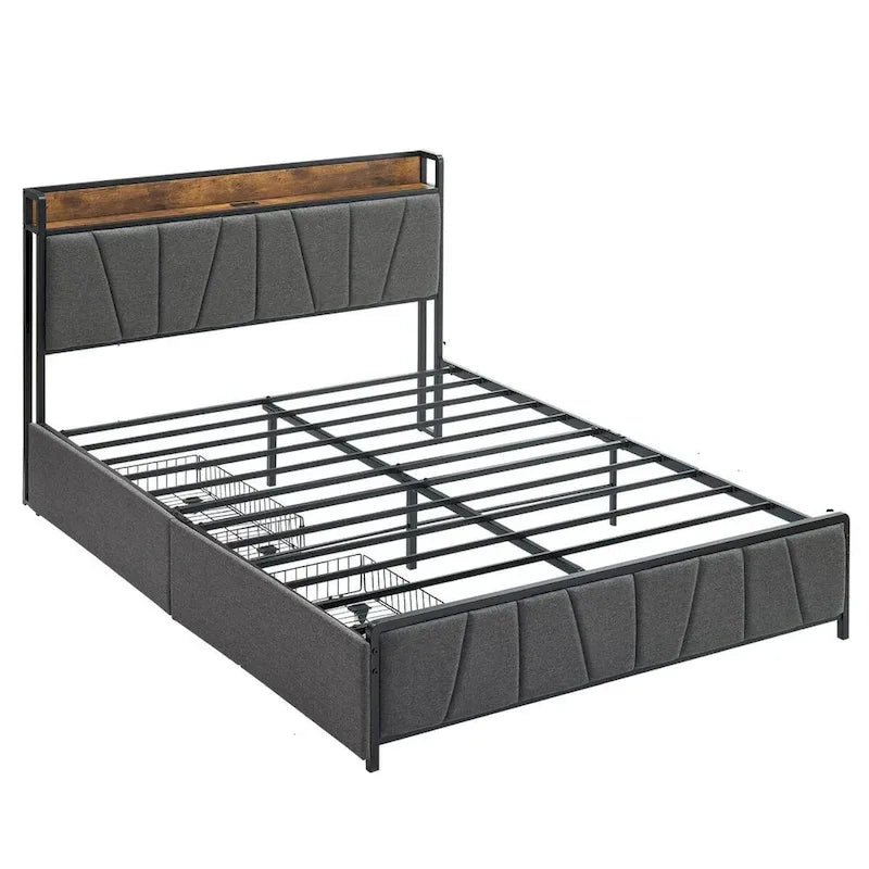 Linen Upholstered Platform Bed Frame with Drawers, Storage Headboard