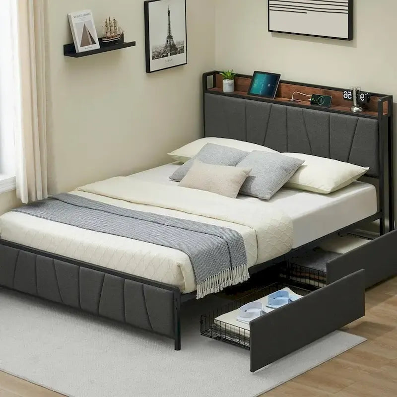 Linen Upholstered Platform Bed Frame with Drawers, Storage Headboard