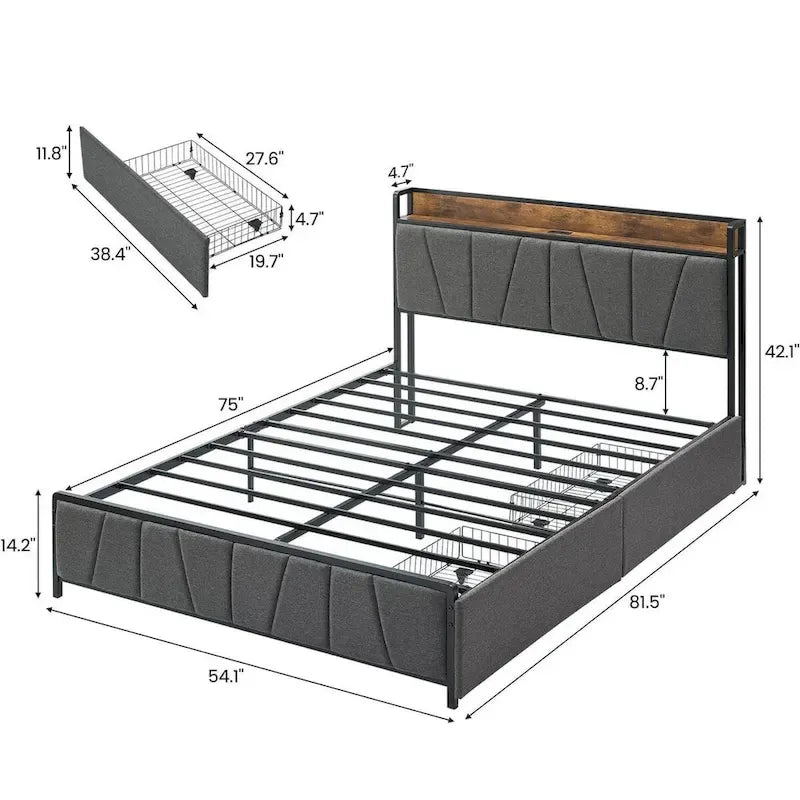 Linen Upholstered Platform Bed with Storage Headboard, Under-Bed Drawers and USB Ports