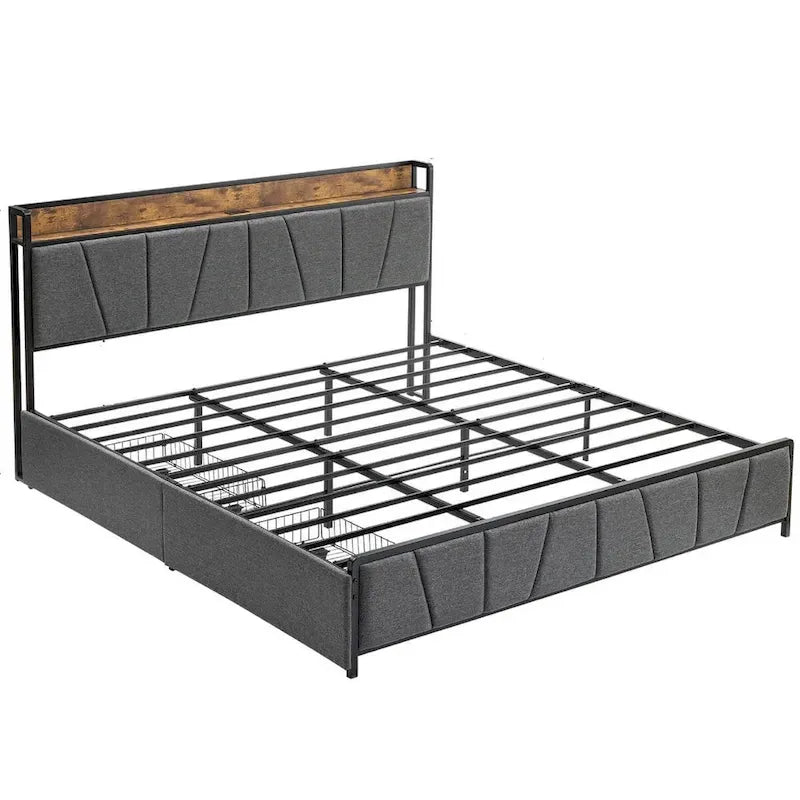 Linen Upholstered Platform Bed Frame with Drawers, Storage Headboard