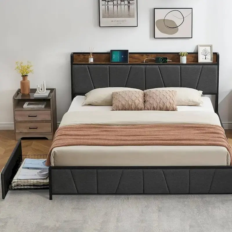 Linen Upholstered Platform Bed with Storage Headboard, Under-Bed Drawers and USB Ports