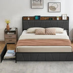 Linen Upholstered Platform Bed with Storage Headboard, Under-Bed Drawers and USB Ports