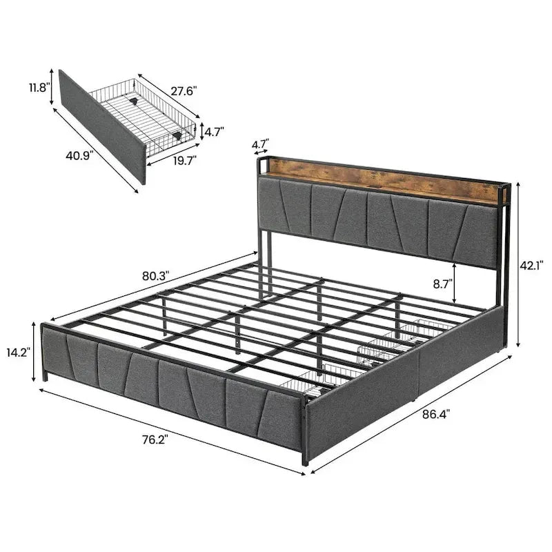 Linen Upholstered Platform Bed with Storage Headboard, Under-Bed Drawers and USB Ports