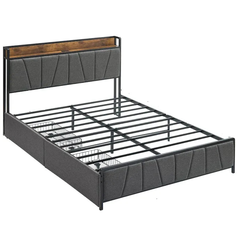 Linen Upholstered Platform Bed with Storage Headboard, Under-Bed Drawers and USB Ports