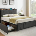 Linen Upholstered Platform Bed with Storage Headboard, Under-Bed Drawers and USB Ports