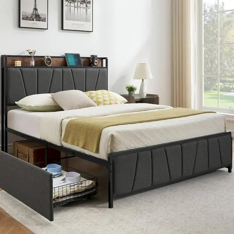 Linen Upholstered Platform Bed with Storage Headboard, Under-Bed Drawers and USB Ports